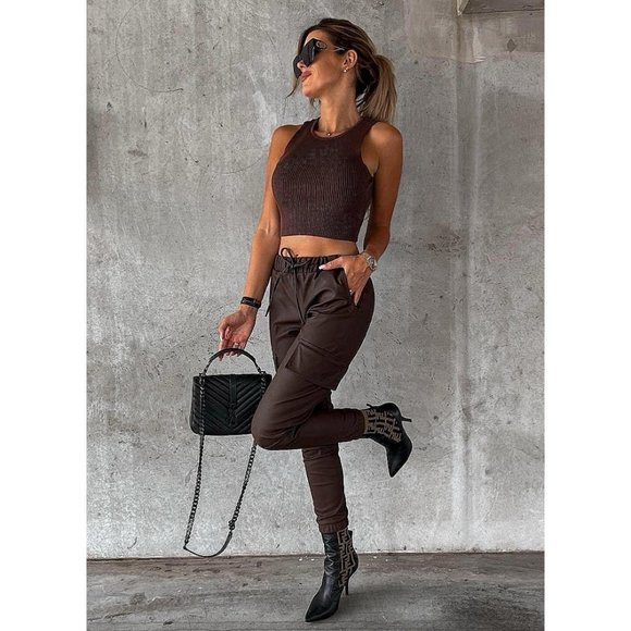 Brown Faux Leather Vegan Leather High Waist Cargo Utility Joggers Jogger Pants - Picture 3 of 10